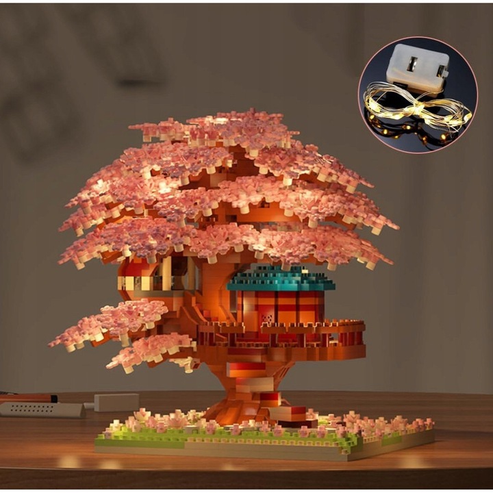 Sakura fa ház építőszett, 2151 darab, LED, rózsaszín-zöld, 30x22cm