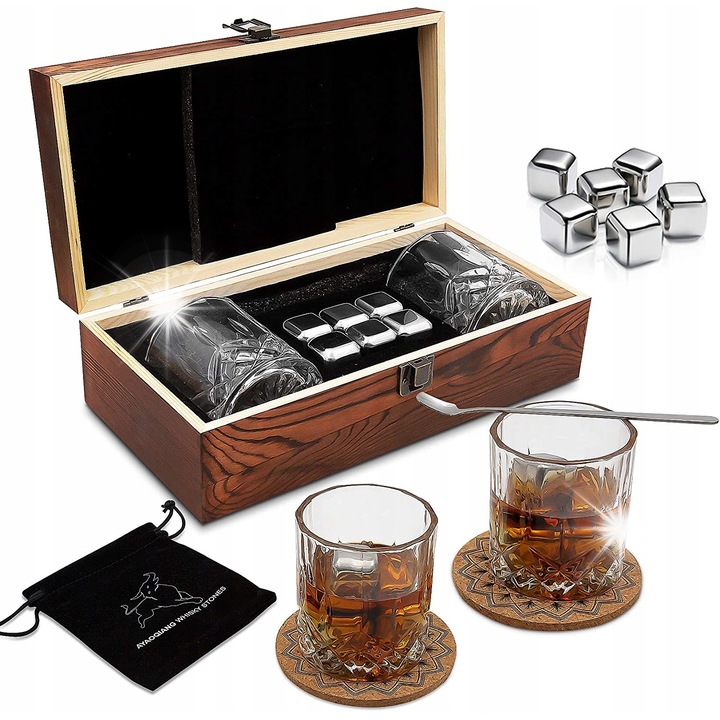 Set whisky 6 piese 6 pietre 2 pahare lemn 20x15x10cm