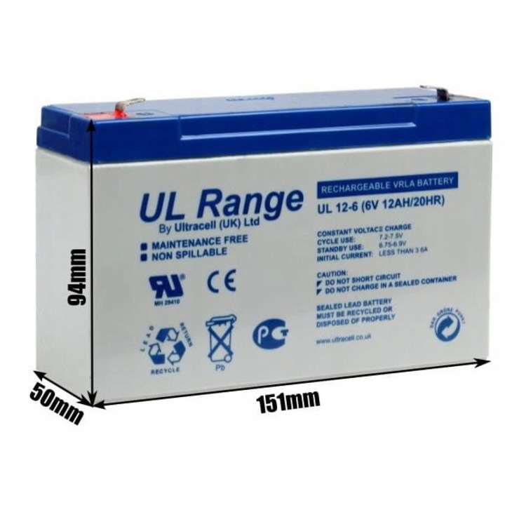 Acumulator gel ULTRACELL 6V 12Ah 151x50x94mm