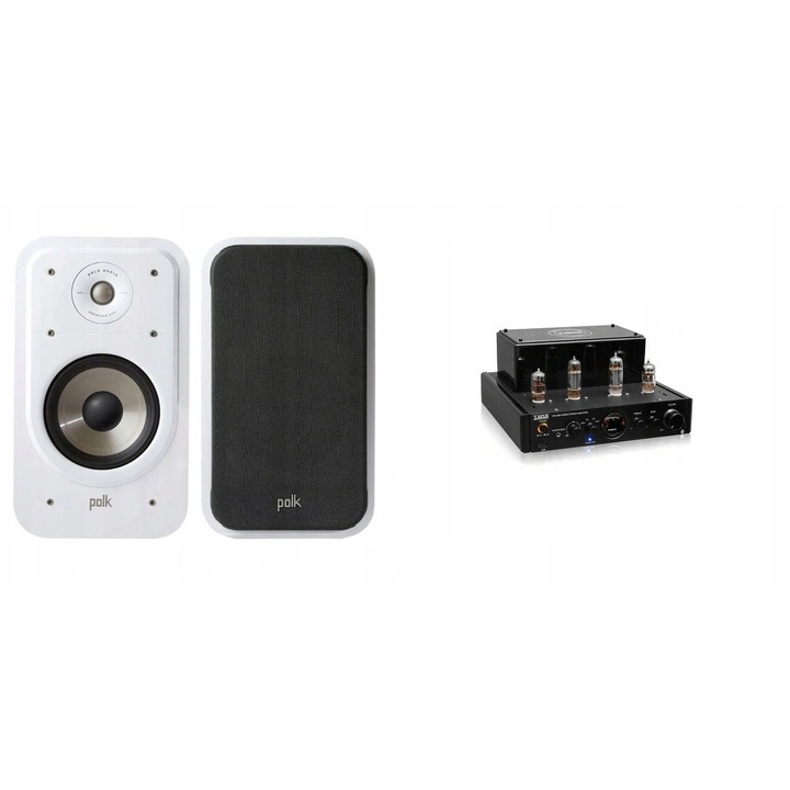 Amplificator hibrid Taga Harmony HTA-25B alb 13.8x26x29.8cm set boxe Polk Audio Signature ES20 alb 21.6x37.6x35cm