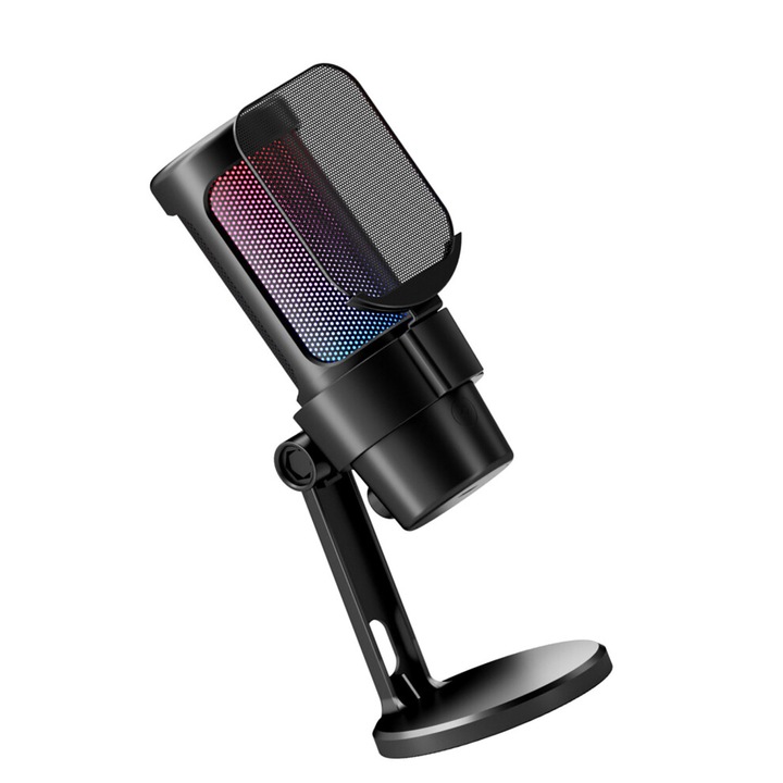 Microfon condensator USB, iluminare LED color, negru, 8.5cm