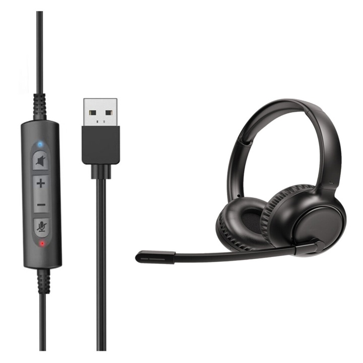 PC fejhallgató mikrofonnal, USB, fekete, 2m kábel