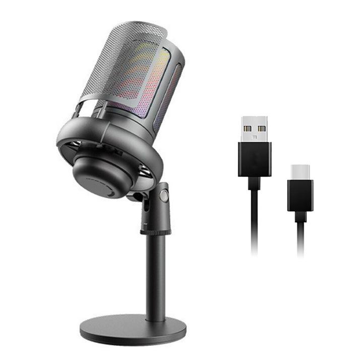 Microfon condensator USB cu iluminare color, negru, 14.5x5cm