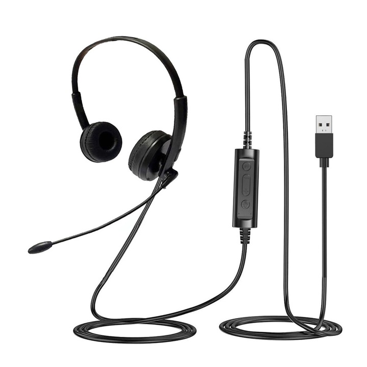 PC fejhallgató forgatható mikrofonnal, USB, fekete, 2m kábel