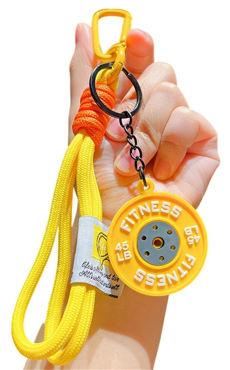 Fitness súlyzó kulcstartó, PVC és ötvözet, sárga, 13cm