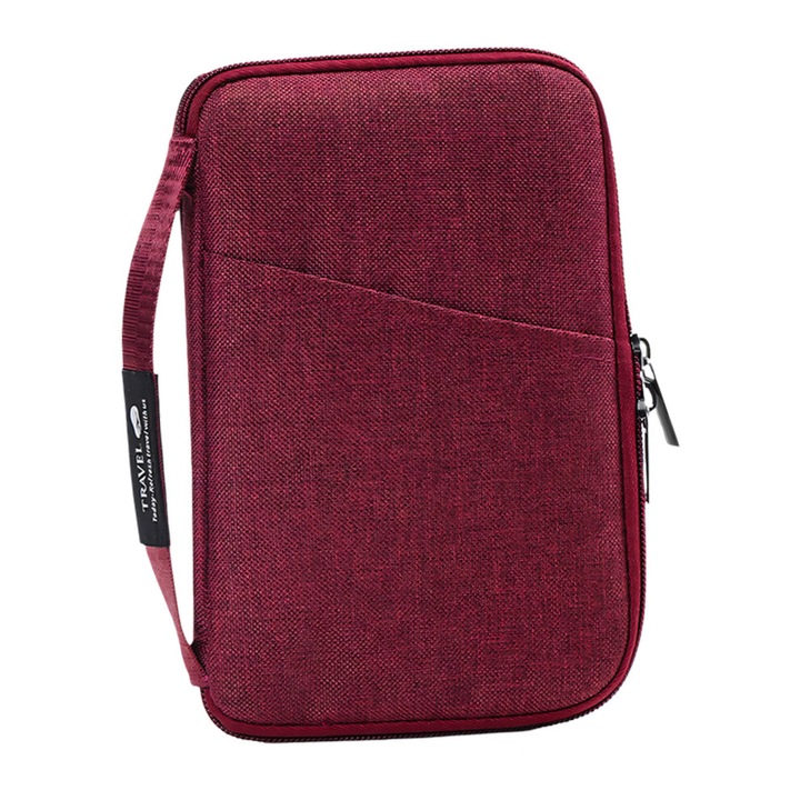 Suport pasaport Oxford rosu 12x23cm cu buzunare multiple
