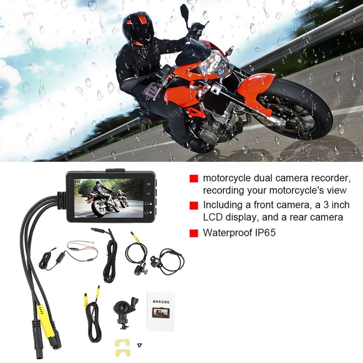 Motorkerékpár dupla kamera, 3 hüvelykes LCD, 720P, IP65, fekete
