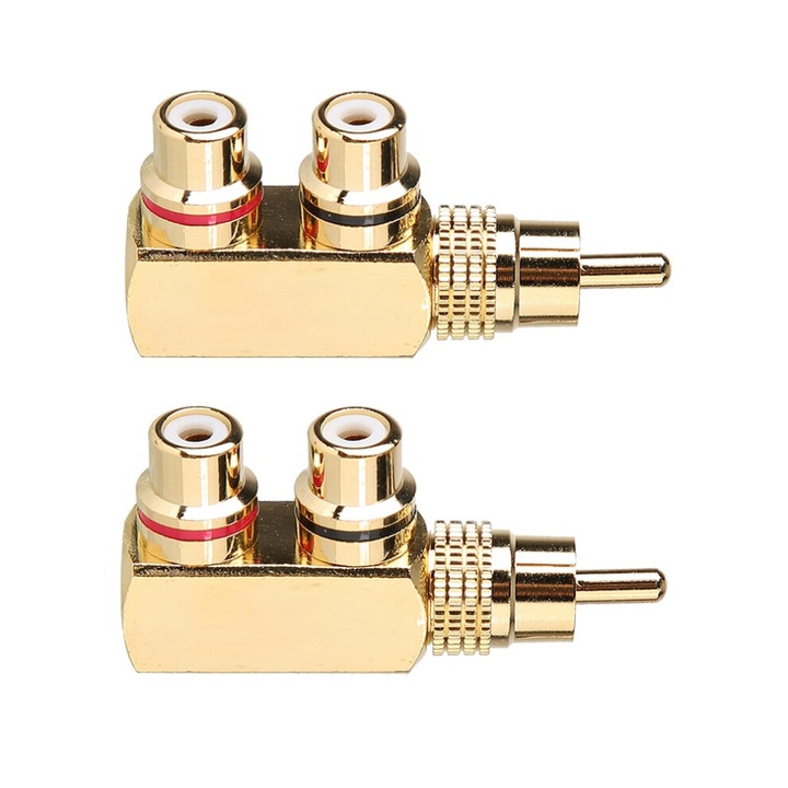 RCA derékszögű adapter, 2 darabos készlet, 24K aranyozott, 3 utas audio-video
