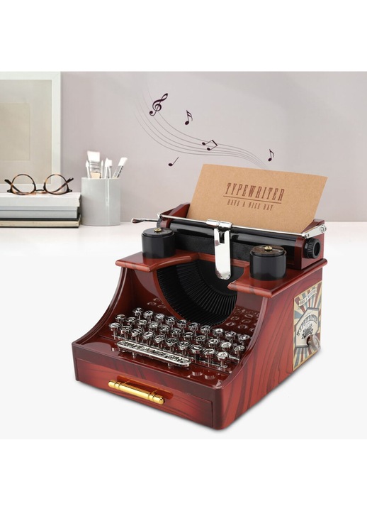Mechanikus ékszerdoboz, vintage írógép típusú zenedoboz, 14x15cm