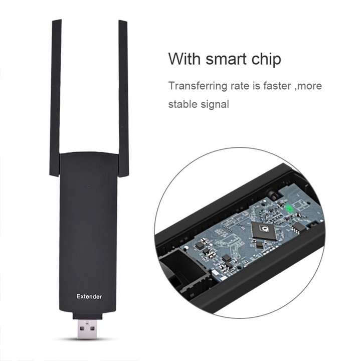 Extender semnal WiFi portabil 300M dual antena USB negru 11x4.7x1.2cm