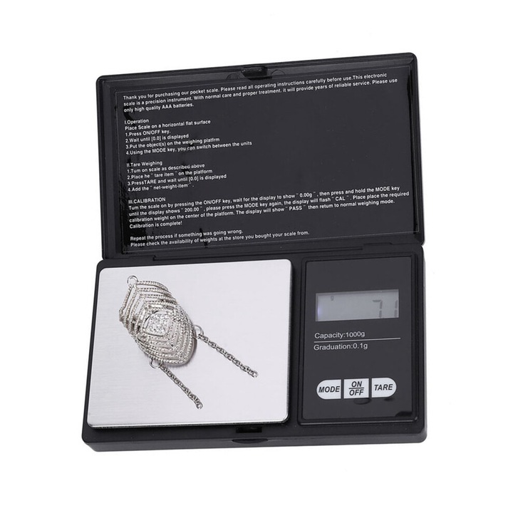 Cantar digital portabil, 1000g 0.1g, negru argintiu, 12.8x7.5x1.9cm