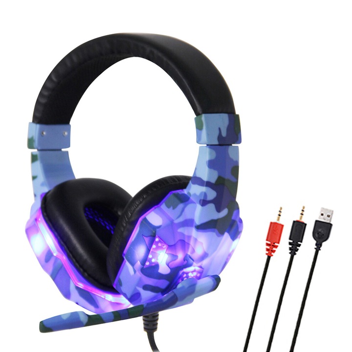 SY830MV gamer fejhallgató, mikrofon, LED, terepmintás, 2m, fülre illeszkedő