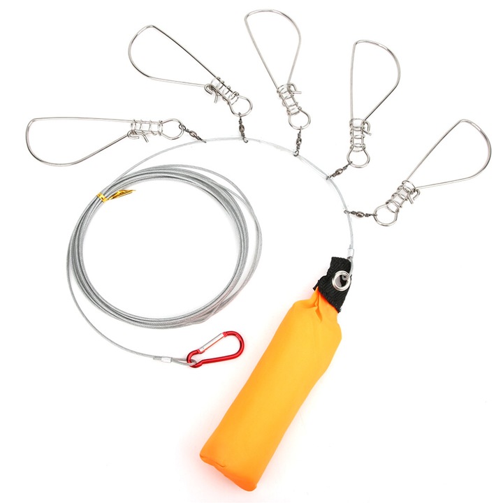 Snur pentru peste din otel inoxidabil cu 5 cleme, manere din plastic moale, argintiu, 5 buc