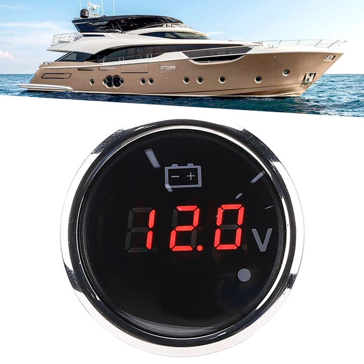 Indicator tensiune digital 2in, otel inoxidabil, negru, 52mm, IP67, 8V-32V, alarma inteligenta