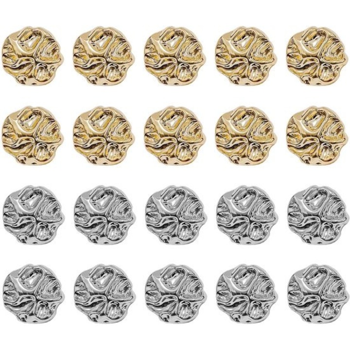 20 db fém gomb készlet, 15mm, arany-ezüst, szabálytalan hullámos minta