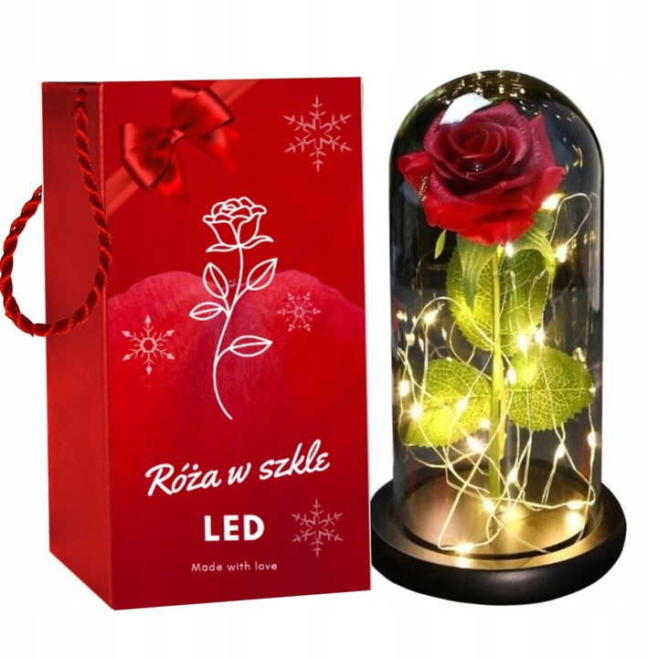 Trandafir etern in sticla LED rosu verde 22x11cm set cadou