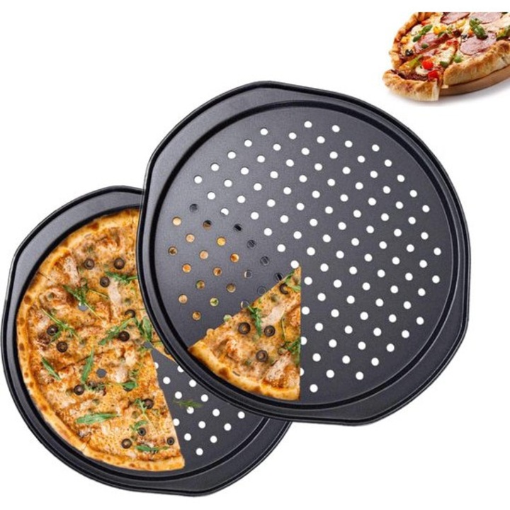 2 db perforált tapadásmentes pizzatálca készlet, fekete, változatos méretek
