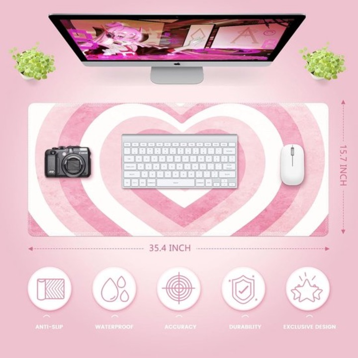 Mousepad gaming mare roz 90x40cm rezistent la apa cu margini cusute