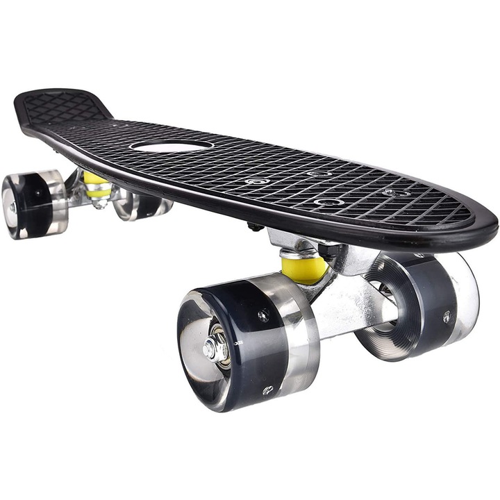 Skateboard retro Mini Cruiser de 56 cm, complet, cu punte din plastic si roti LED intermitente