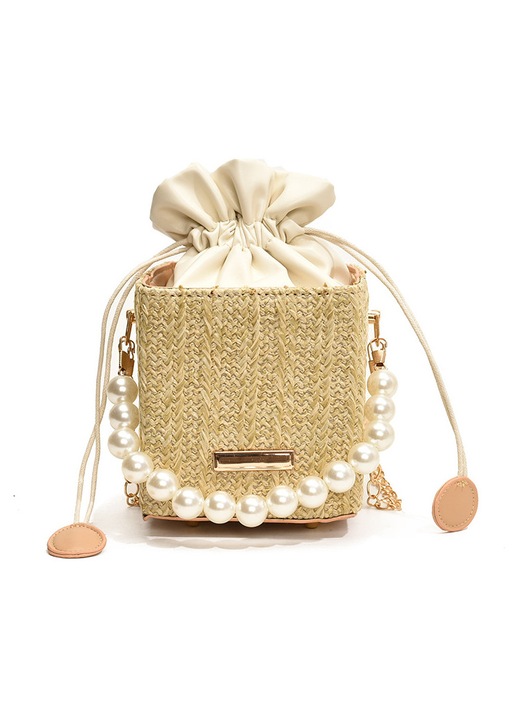 Kiváló minőségű texturált zsinórral szőtt kis táska, divatos gyöngyláncos táska, crossbody válltáska, vödörtáska