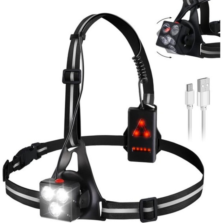 LED futófény 500 lumen, 3 mód, IPX6, 120°-ban állítható, USB, állítható gumiszalag