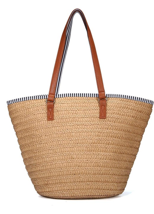 Szalmatáska, nyári strandtáska, női válltáska bőr fogantyúkkal, bojtos bevásárlótáska, női strandtáska, crossbody táska, bevásárlótáska, szalmatáska utazáshoz és mindennapi használatra