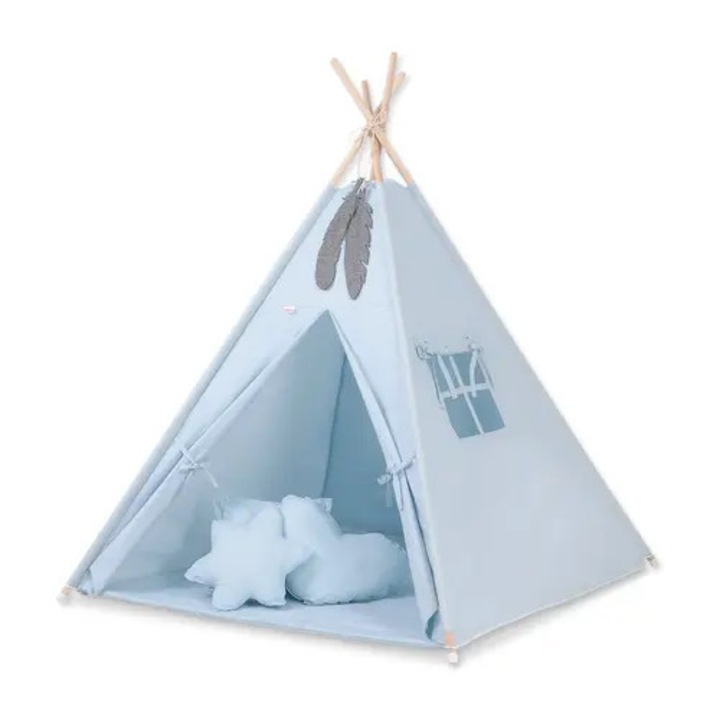 Gyermek tipi játszósátor, matraccal és párnákkal, kék, 130x130x150cm