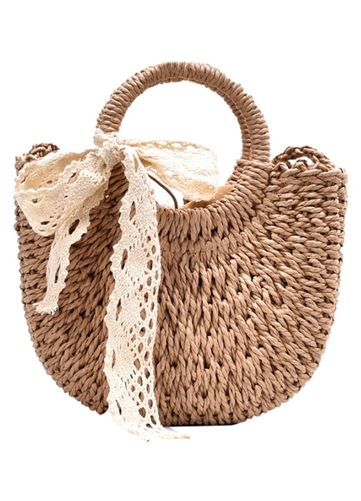 Női szalmatáska strandra, szőtt, crossbody típusú, felső fogantyúval, kézitáska nyárra, barna