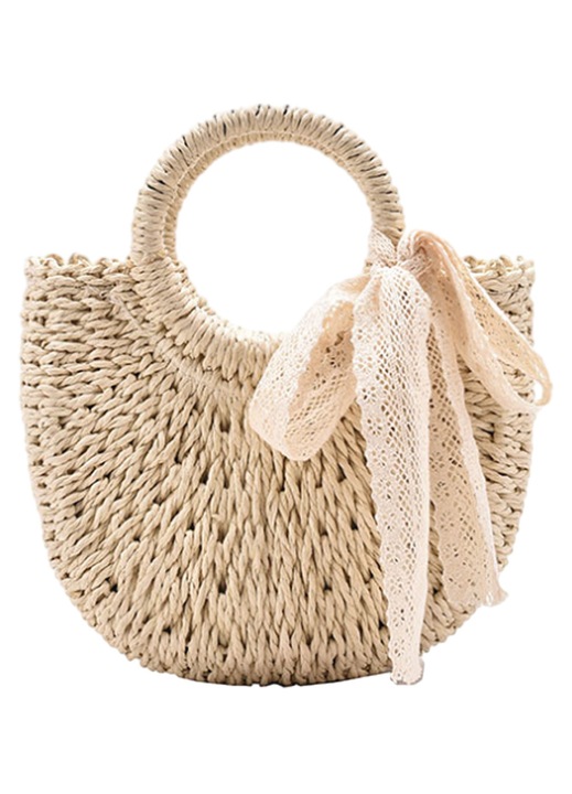 Női szalmatáska strandra, szőtt, crossbody típusú, válltáska felső fogantyúval, kézitáska nyárra, bézs
