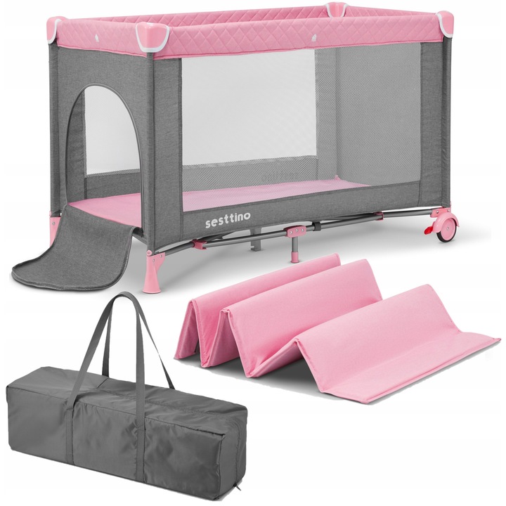 Patut turistic Sesttino Lia roz, pliabil, cu roti si protectie dubla, 8.3kg, 0-15kg