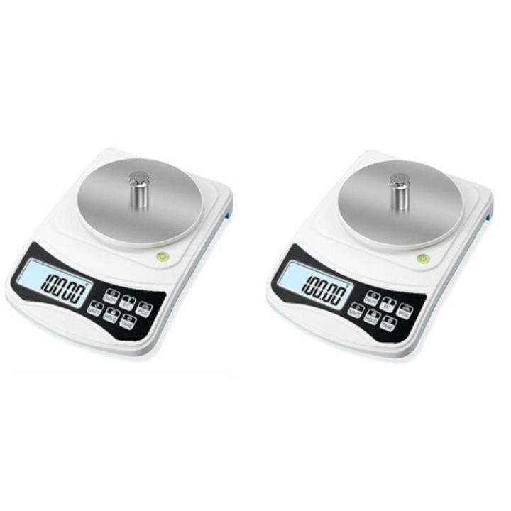 Set 2 cantare electronice, precizie 0.01g, multifunctional, alb, 1000g, 100g
