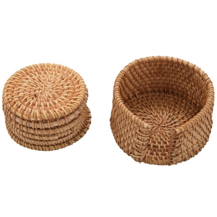 6 db kerek rattan alátét, 8x0.5cm, natúr szín