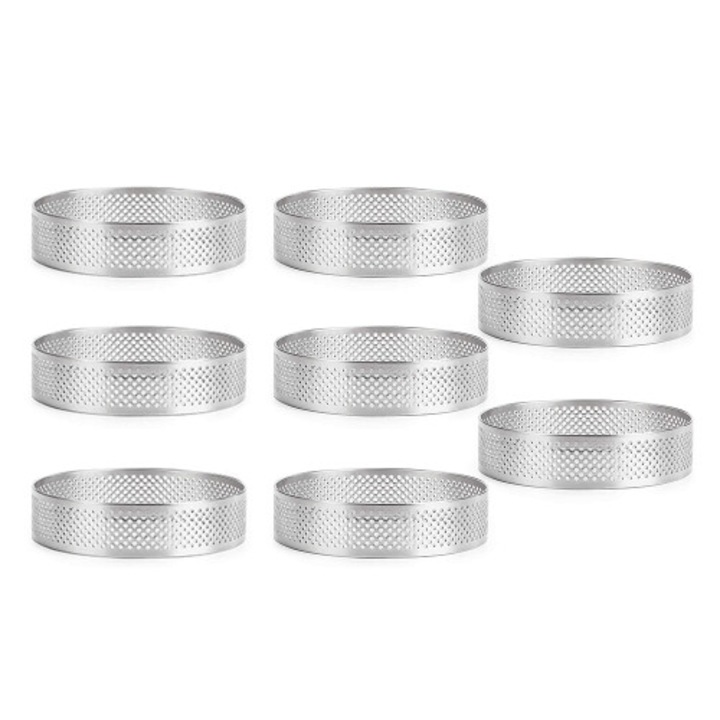 8 db perforált rozsdamentes acél kerek süteményforma készlet, 8 cm, ezüst