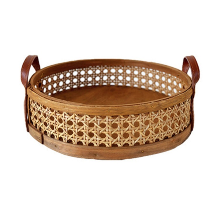 Cos de depozitare rotund din ratan natural maro 24x24x6.5cm