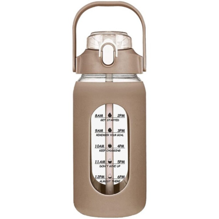 Sticla Apa Borosilicata 64oz cu Pai si Maner, Husa Silicon Maro 10.4x29cm