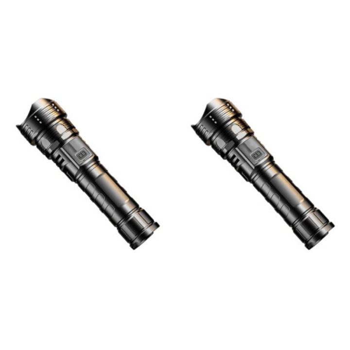 Set 2 lanterne LED reincarcabile, zoom telescopic, afisaj digital, negru, portabil