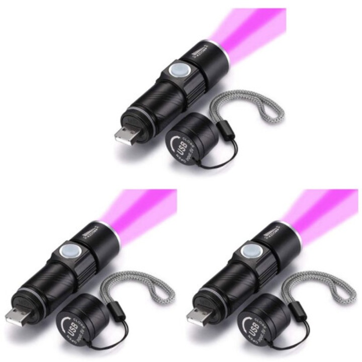 Lanterna UV reglabila, 3 buc, negru, 4x1 inch, USB, rezistenta la apa