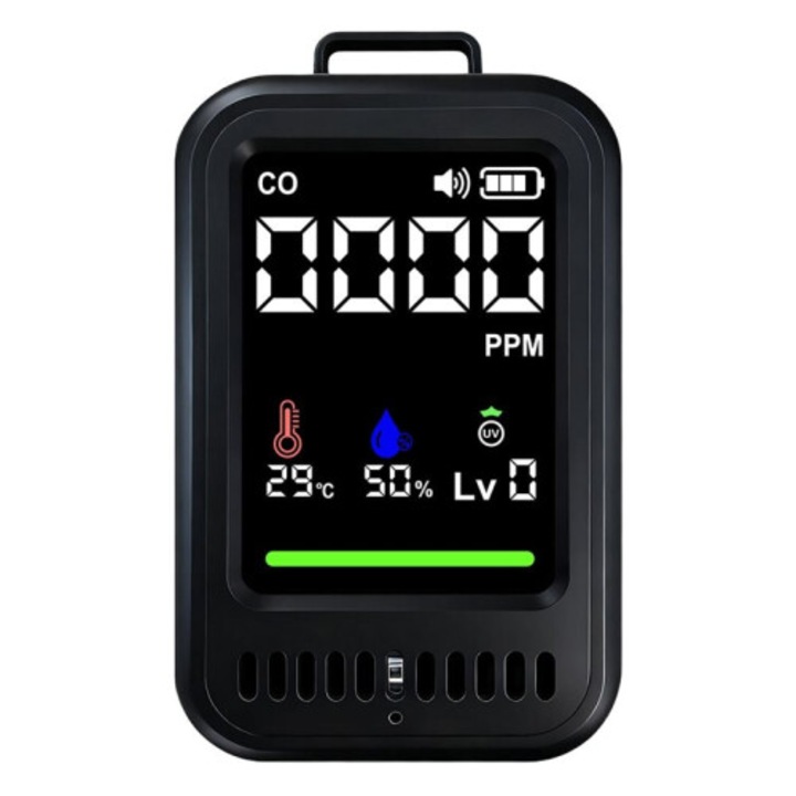 Detector portabil monoxid carbon 4-in-1, negru, 2000mAh, 10x6x2cm