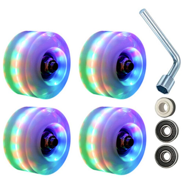 4 db LED-es görkorcsolya kerék szett, 32x58mm, poliuretán, többszínű, csapágyakkal és kulccsal