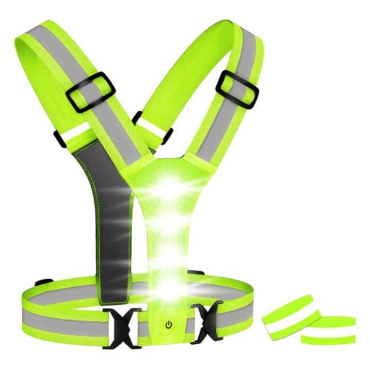 Vesta reflectorizanta LED pentru alergare si ciclism, verde, reglabila, set 3 piese