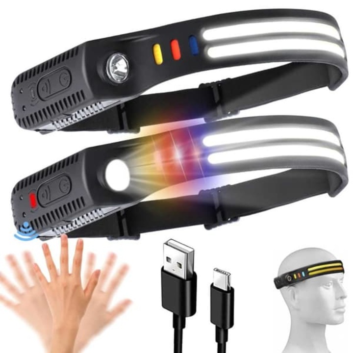Set 2 lanterne frontale LED, senzor miscare, negru, reglabil, USB, rezistent apa