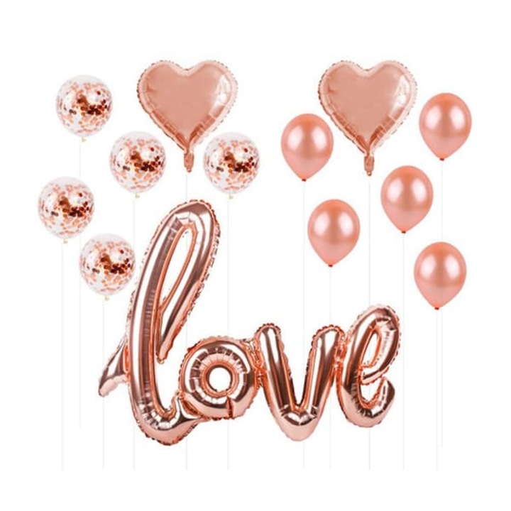 Комплект от 13 балона Rose Gold, сърце, конфети, 46x31см