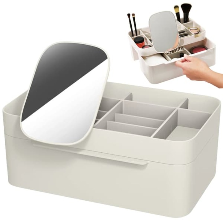 Organizator machiaj cu sertar si oglinda dubla alb 30x18.5x12.5cm