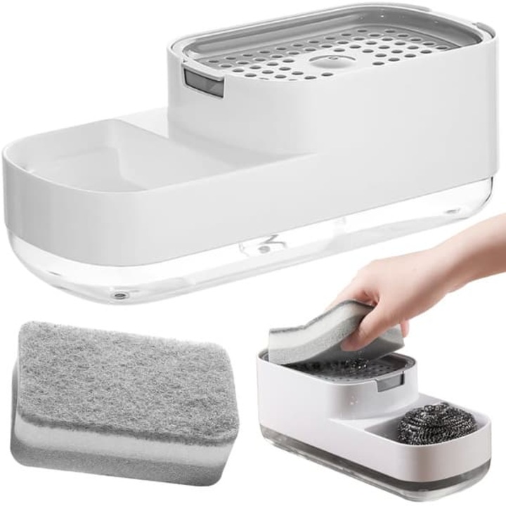 Dispenser detergent si suport burete pentru chiuveta, plastic, 23x10x8.5cm, negru/alb