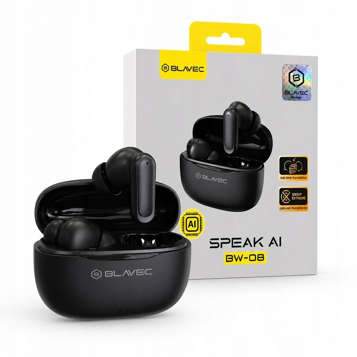 Blavec BW-08 Bluetooth fülhallgató, AI fordítás, fekete, TWS, 30 óra üzemidő