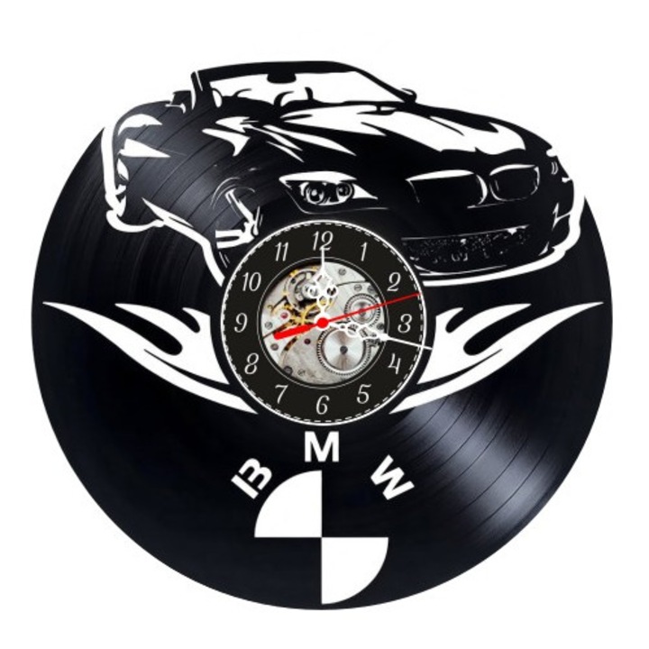 Ceas de perete decorativ realizat din disc de vinil, Model Masina BMW Cabriolet, Flacari Stilizate si Sigla BMW, Negru Premium, 30 cm