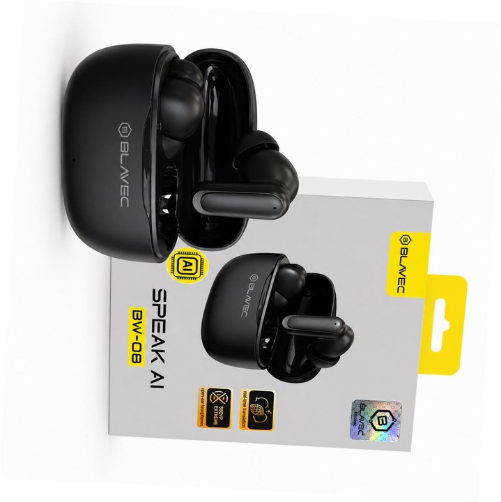 Blavec BW-08 Bluetooth fülhallgató, AI fordítás, fekete, 13mm, 30 óra üzemidő