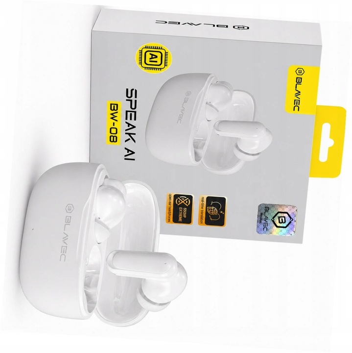 Blavec BW-08 Bluetooth fülhallgató, AI fordítás, fehér, 13mm, vezeték nélküli