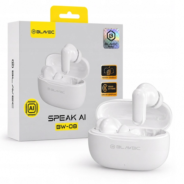 Casti Bluetooth Blavec BW-08, traducere AI, alb, 13mm, 30h autonomie