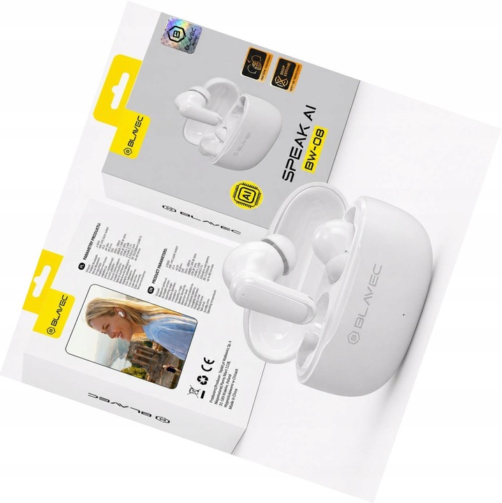 Blavec BW-08 Bluetooth fejhallgató, AI fordítás, fehér, 13mm, vezeték nélküli